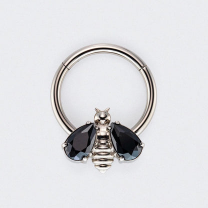 Bee Black CZ Stone Wings Top Hinged Segment Hoop Clicker Ring in Silver - Titanium