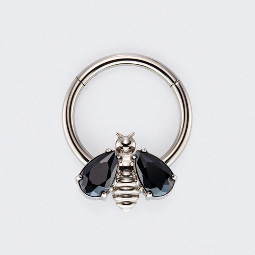 Bee Black CZ Stone Wings Top Hinged Segment Hoop Clicker Ring in Silver - Titanium