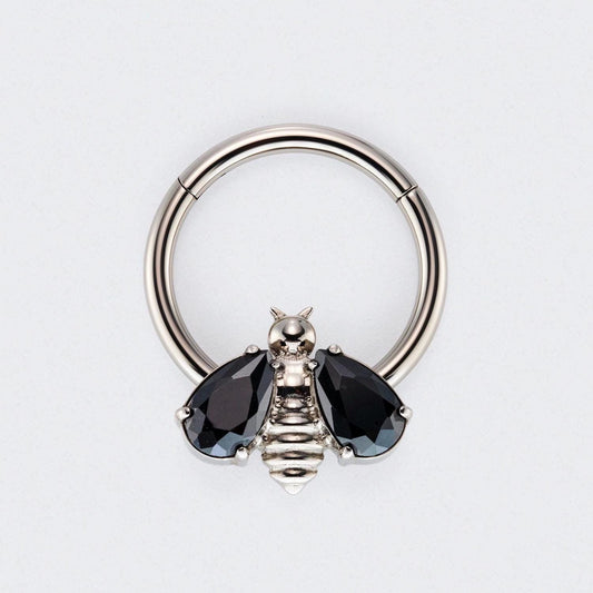 Bee Black CZ Stone Wings Top Hinged Segment Hoop Clicker Ring in Silver - Titanium