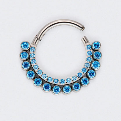 Aqua Double CZ Crystal Paved Face Hoop Earrings in Silver - Titanium