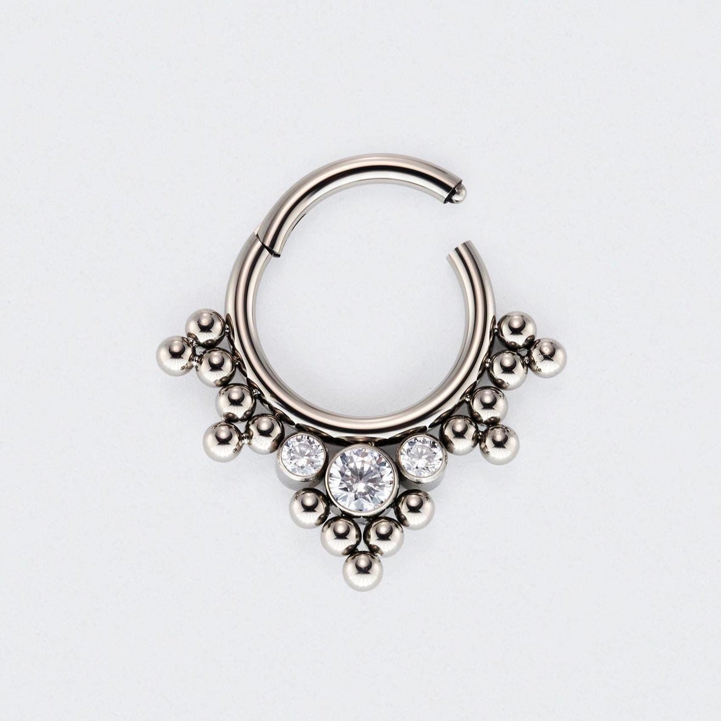 5 Tri-bead Cluster with 3 CZ Stones Hinged Segment Clicker Hoop Ring in Silver - Titanium