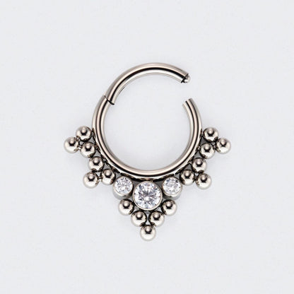 5 Tri-bead Cluster with 3 CZ Stones Hinged Segment Clicker Hoop Ring in Silver - Titanium