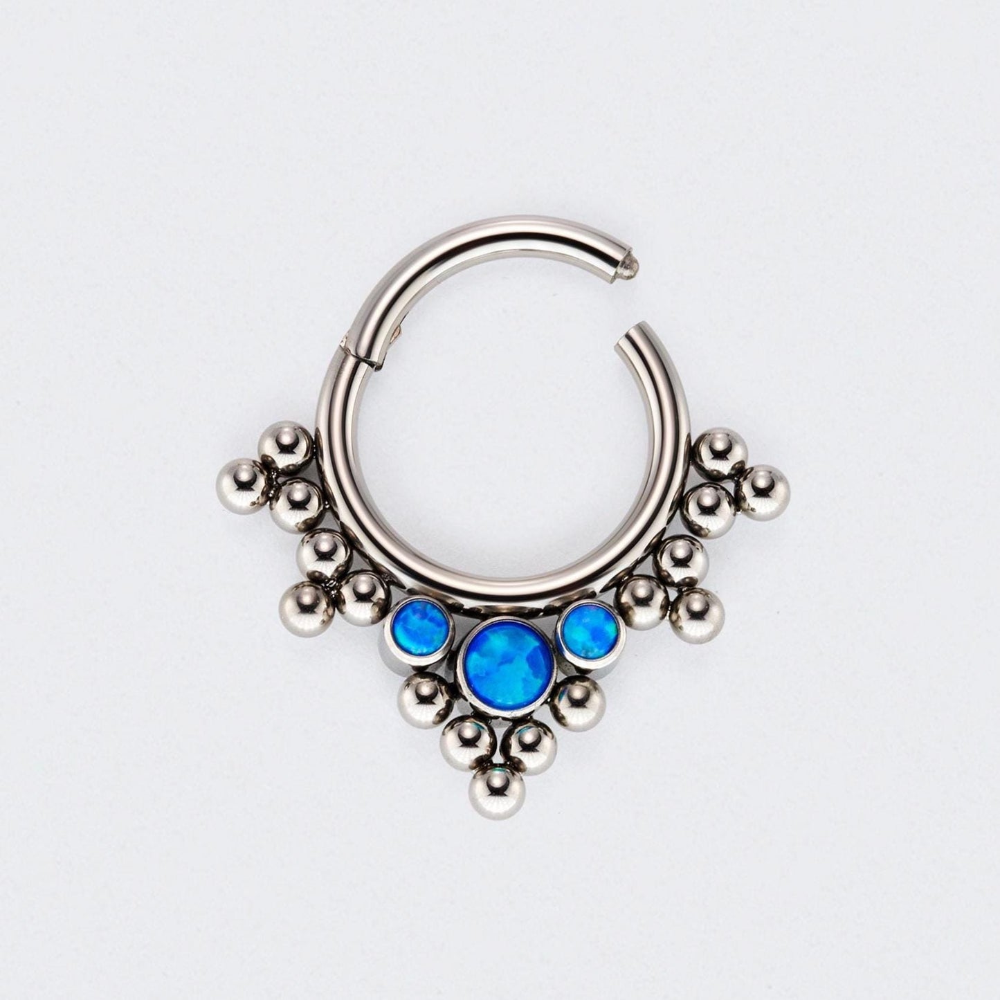5 Tri-bead Cluster with 3 Blue Opal Hinged Segment Clicker Hoop Ring in Silver - Titanium