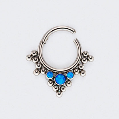 5 Tri-bead Cluster with 3 Blue Opal Hinged Segment Clicker Hoop Ring in Silver - Titanium