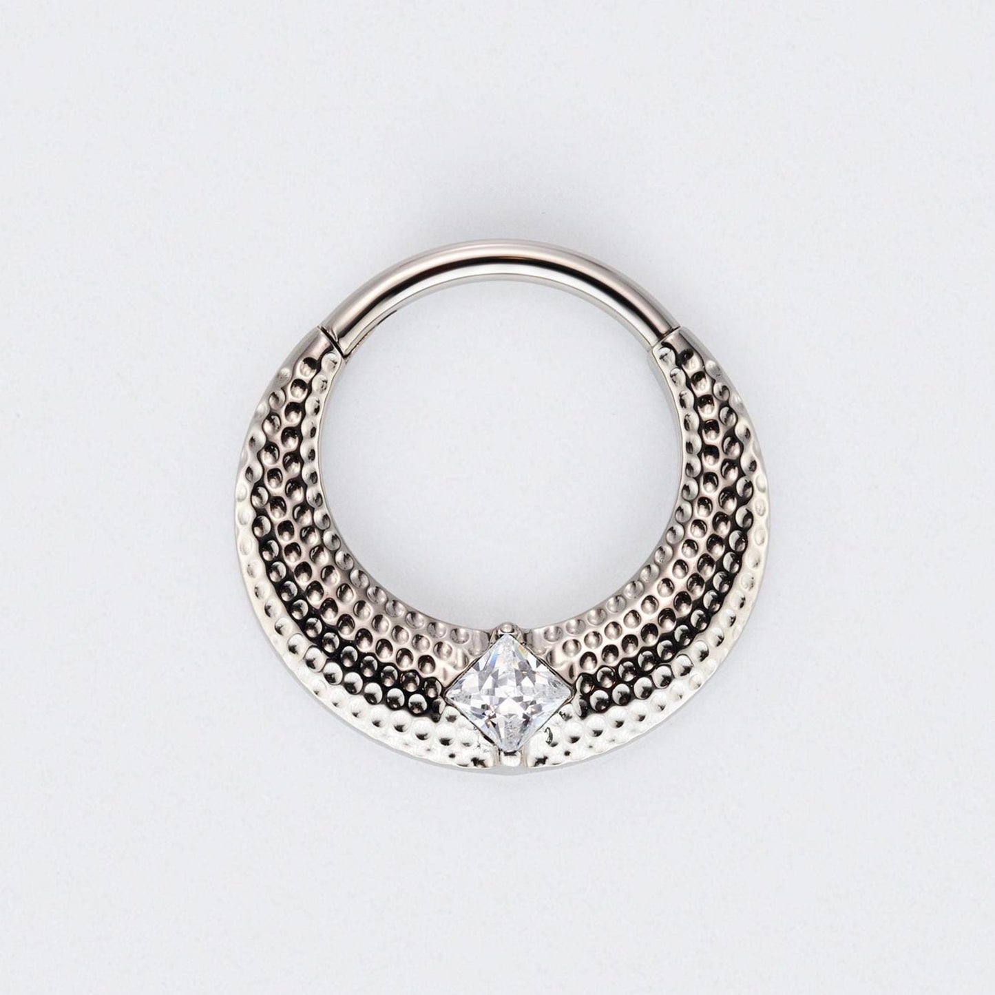 Large Bumped Cut with CZ Centre Hinged Segment Hoop Clicker Ring in Silver - Titanium