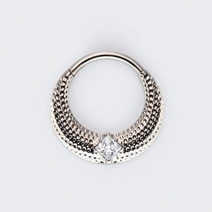 Large Bumped Cut with CZ Centre Hinged Segment Hoop Clicker Ring in Silver - Titanium