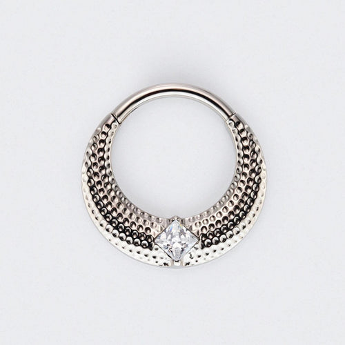 Large Bumped Cut with CZ Centre Hinged Segment Hoop Clicker Ring in Silver - Titanium