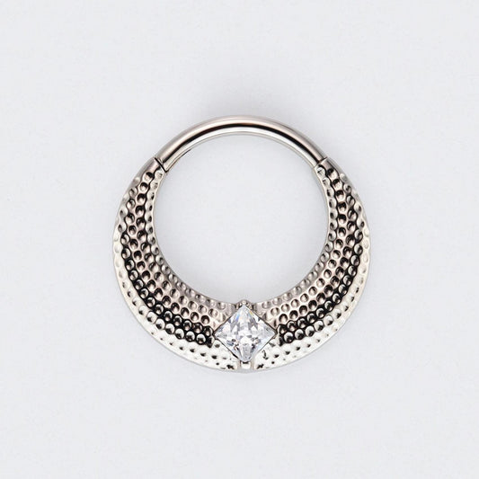 Large Bumped Cut with CZ Centre Hinged Segment Hoop Clicker Ring in Silver - Titanium