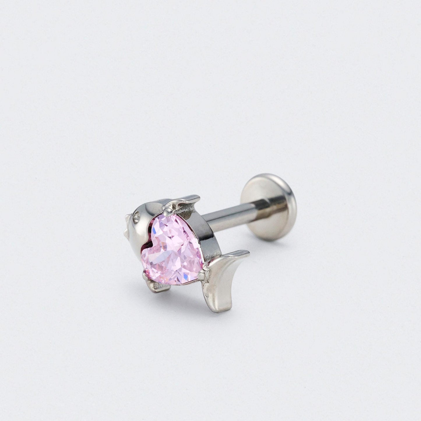 Fish Pink CZ Front Facing Labret in Silver - Titanium