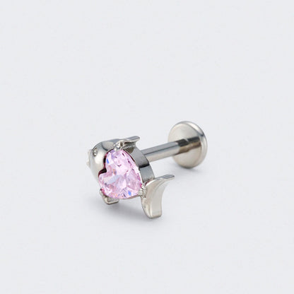 Fish Pink CZ Front Facing Labret in Silver - Titanium