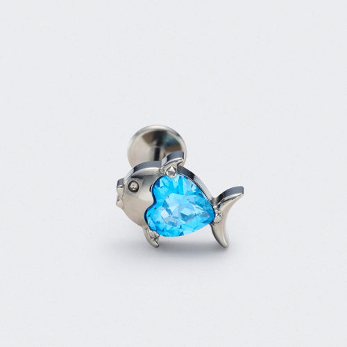Fish Blue CZ Front Facing Labret in Silver - Titanium