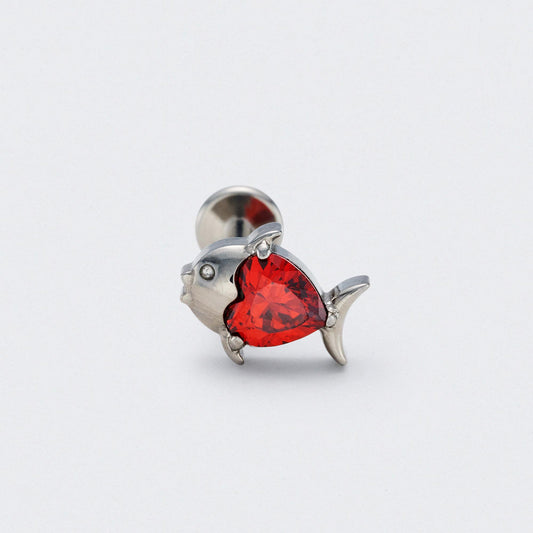 Fish Red CZ Front Facing in Silver - Titanium