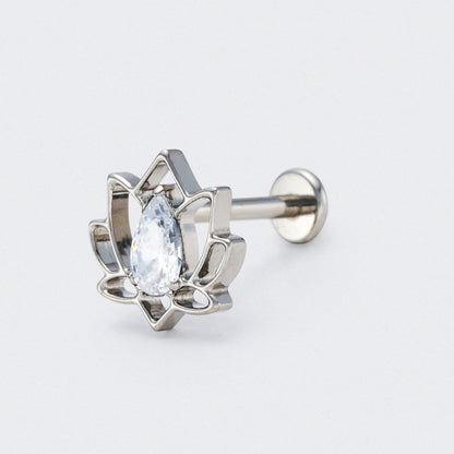 Lotus Flower with CZ Centre Labret in Silver - Titanium