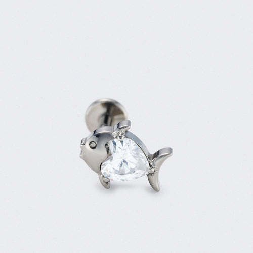 Fish CZ Front Facing Labret in Silver - Titanium