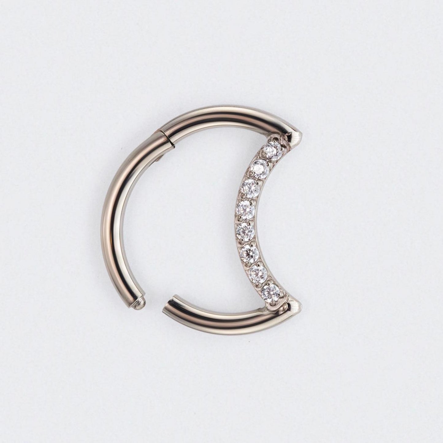 Crescent Moon Shaped with CZ Paved Hinged Segment Hoop Clicker Ring in Silver - Titanium