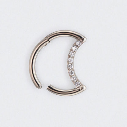 Crescent Moon Shaped with CZ Paved Hinged Segment Hoop Clicker Ring in Silver - Titanium