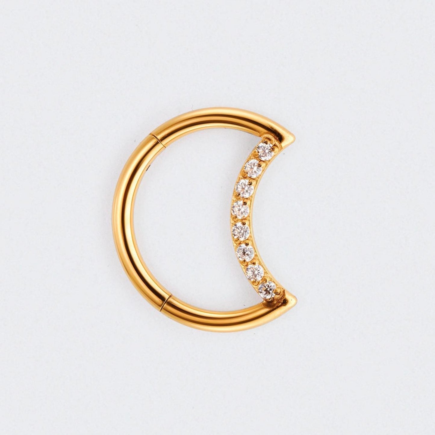 Crescent Moon Shaped with CZ Paved Hinged Segment Hoop Clicker Ring in Gold - Titanium