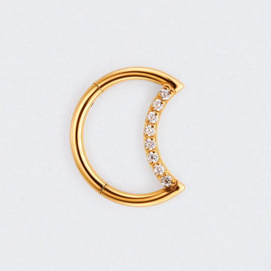 Crescent Moon Shaped with CZ Paved Hinged Segment Hoop Clicker Ring in Gold - Titanium