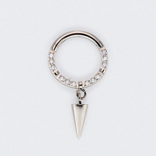 Spike Dangle CZ Front Facing Segment Hoop Ring in Silver - Titanium