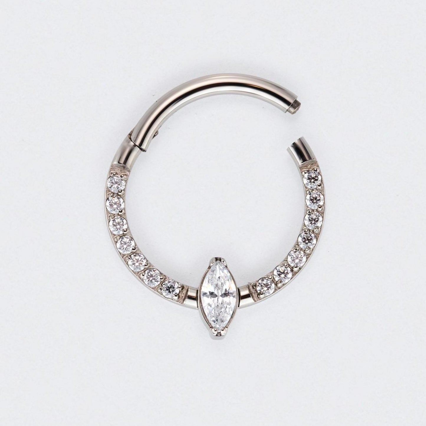 Marquise Stone Centre CZ Front Face Paved Hinged Segment Clicker Ring in Silver - Titanium