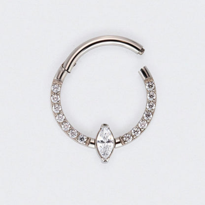 Marquise Stone Centre CZ Front Face Paved Hinged Segment Clicker Ring in Silver - Titanium