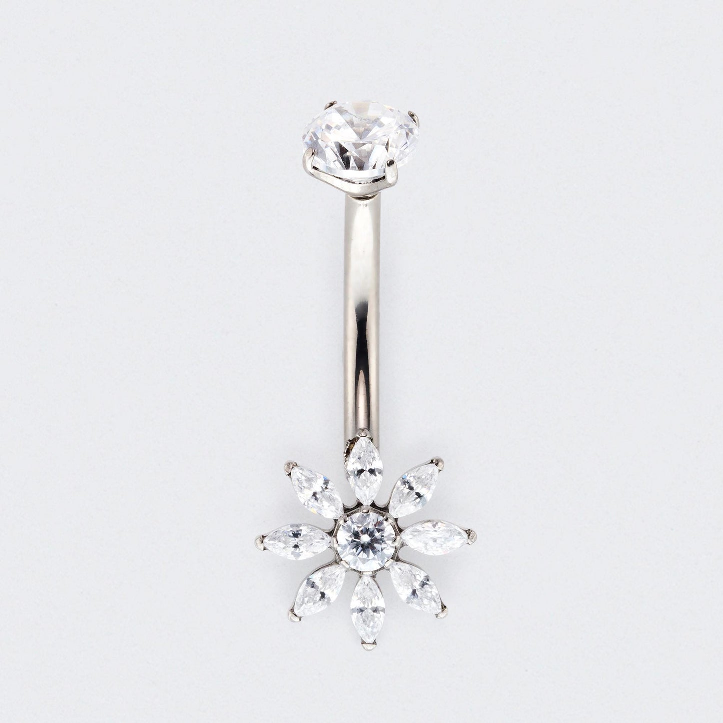 Flower Cut CZ Prong Belly Bar in Silver - Titanium