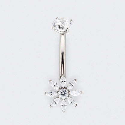 Flower Cut CZ Prong Belly Bar in Silver - Titanium
