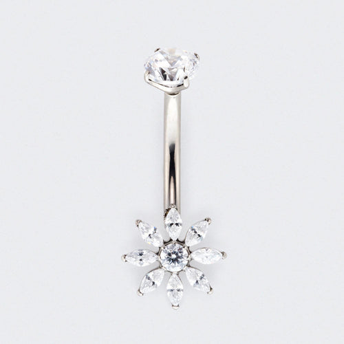 Flower Cut CZ Prong Belly Bar in Silver - Titanium