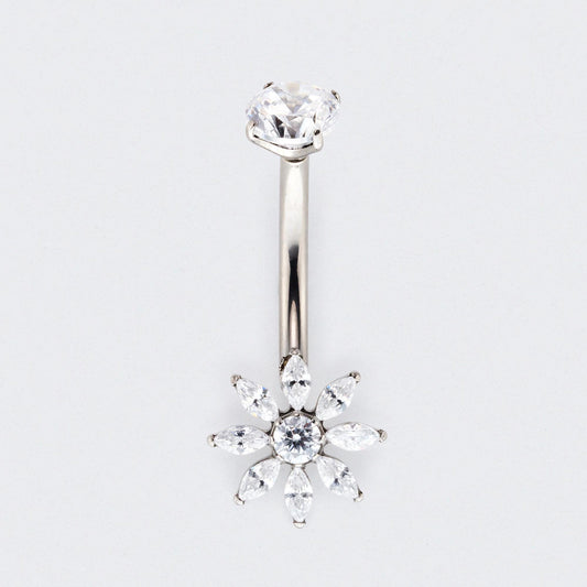 Flower Cut CZ Prong Belly Bar in Silver - Titanium