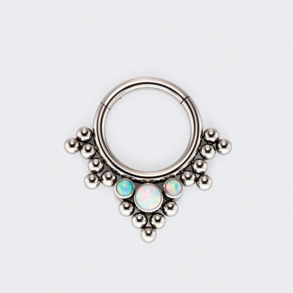 5 Tri-bead Cluster with 3 White Opal Hinged Segment Clicker Hoop Ring in Silver - Titanium