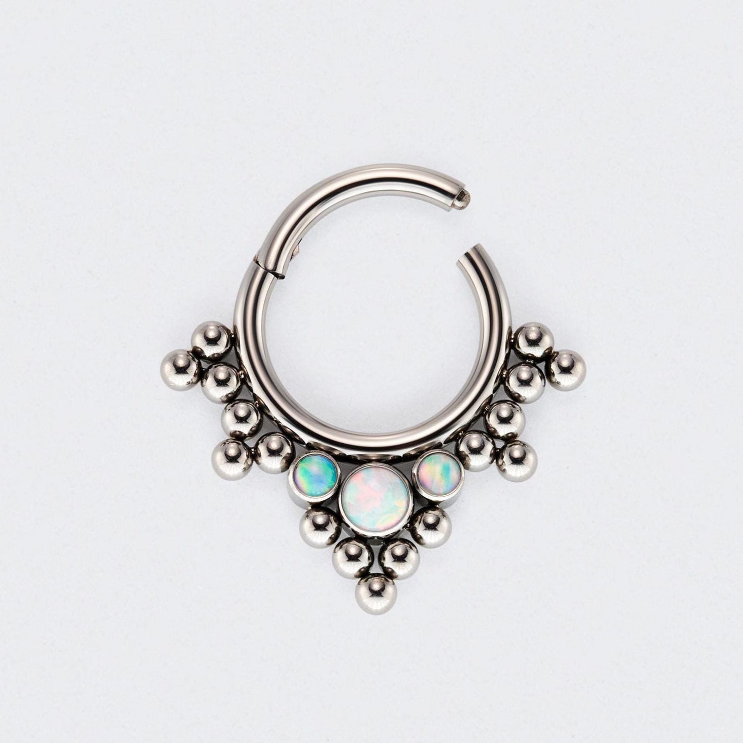 5 Tri-bead Cluster with 3 White Opal Hinged Segment Clicker Hoop Ring in Silver - Titanium