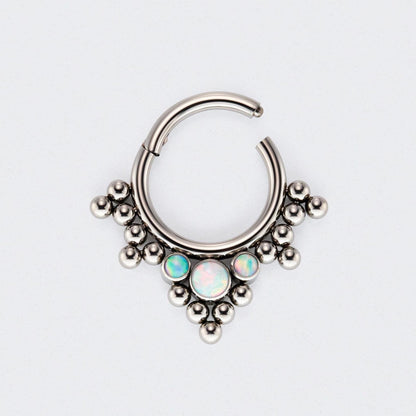 5 Tri-bead Cluster with 3 White Opal Hinged Segment Clicker Hoop Ring in Silver - Titanium