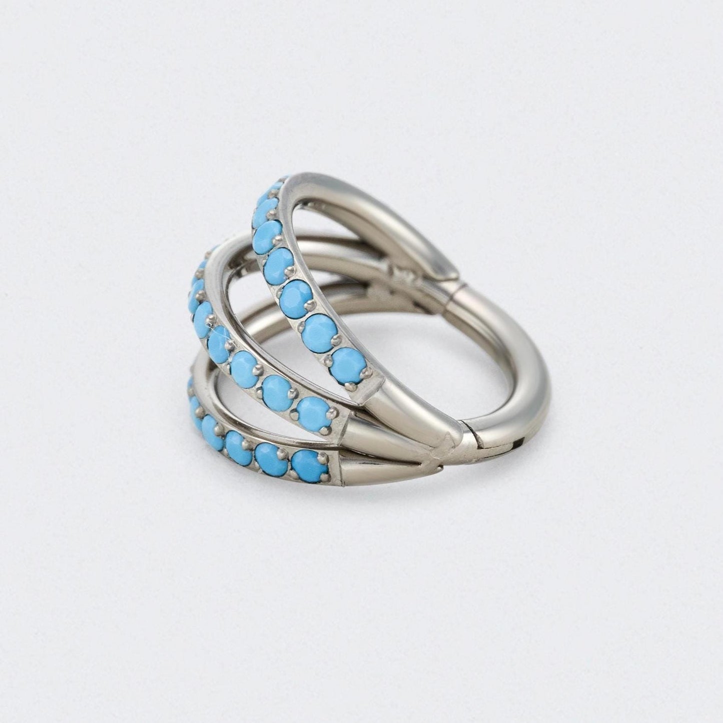 Triple Stacked Septum Ring with Front Facing Turquoise in Silver - Titanium