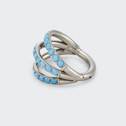 Triple Stacked Septum Ring with Front Facing Turquoise in Silver - Titanium