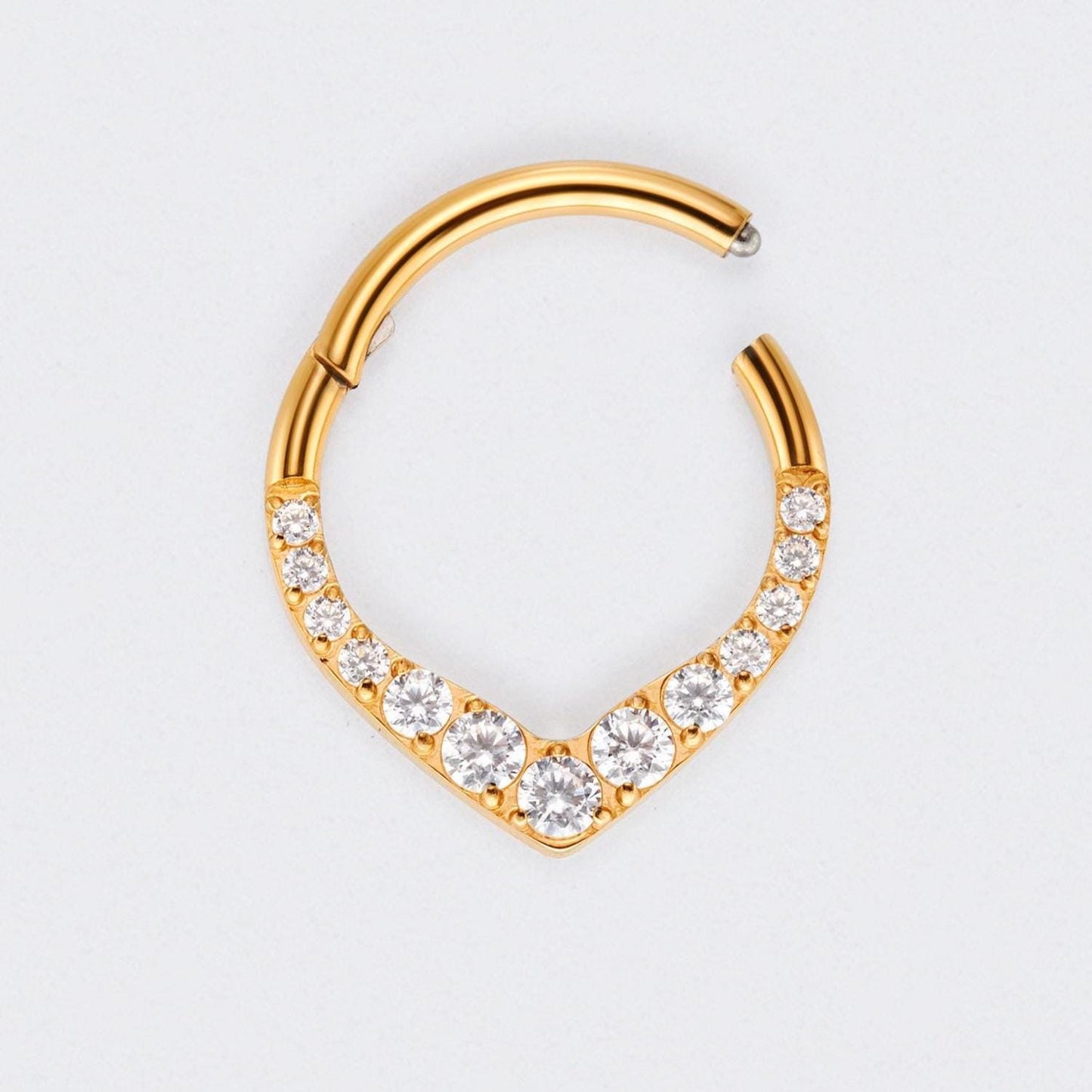 V Shape Teardrop CZ Front Facing Segment Hoop Ring in Gold - Titanium