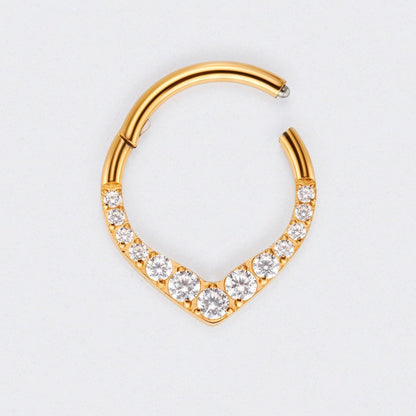 V Shape Teardrop CZ Front Facing Segment Hoop Ring in Gold - Titanium