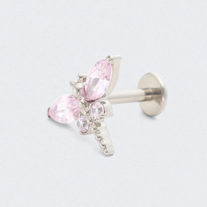 Dragonfly Pink CZ Front Facing Labret in Silver - Titanium