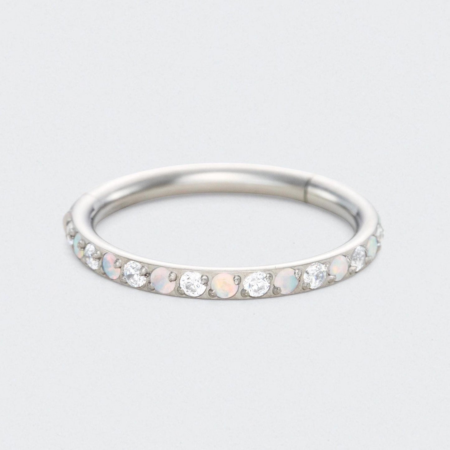 White Opal and Clear CZ Side Facing Paved Hinged Segment Hoop Ring in Silver - Titanium