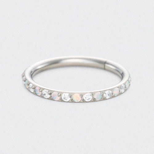 White Opal and Clear CZ Side Facing Paved Hinged Segment Hoop Ring in Silver - Titanium