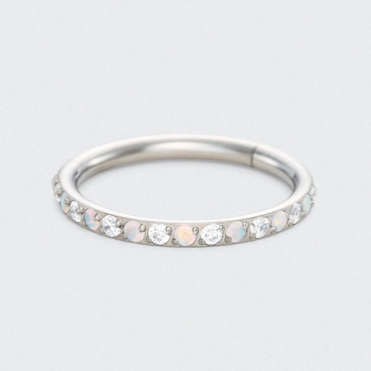 White Opal and Clear CZ Side Facing Paved Hinged Segment Hoop Ring in Silver - Titanium