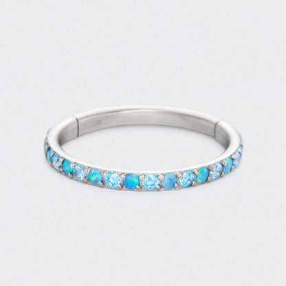 Blue Opal and Aqua CZ Side Facing Paved Hinged Segment Hoop Ring in Silver - Titanium
