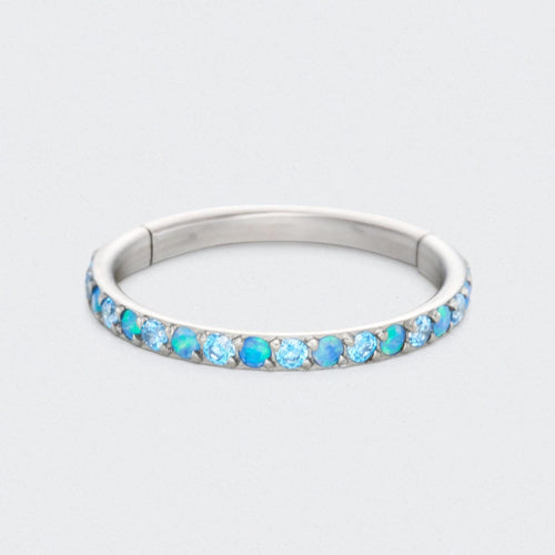 Blue Opal and Aqua CZ Side Facing Paved Hinged Segment Hoop Ring in Silver - Titanium