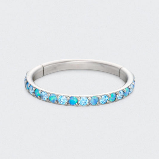 Blue Opal and Aqua CZ Side Facing Paved Hinged Segment Hoop Ring in Silver - Titanium