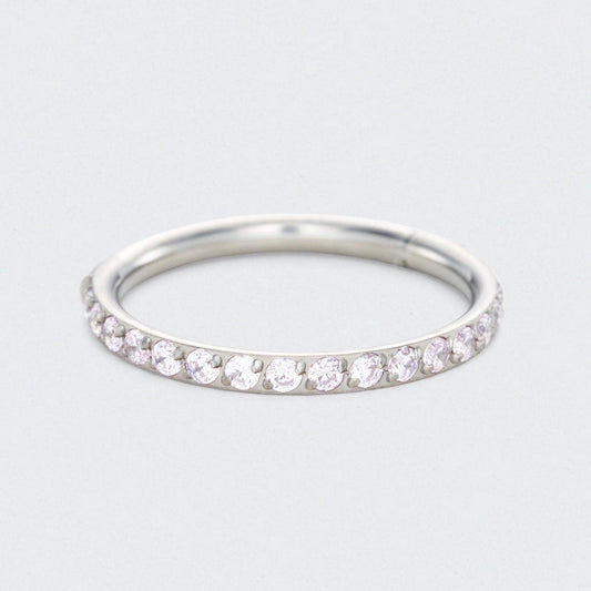 Pink CZ Side Facing Paved Hinged Segment Hoop Ring in Silver - Titanium