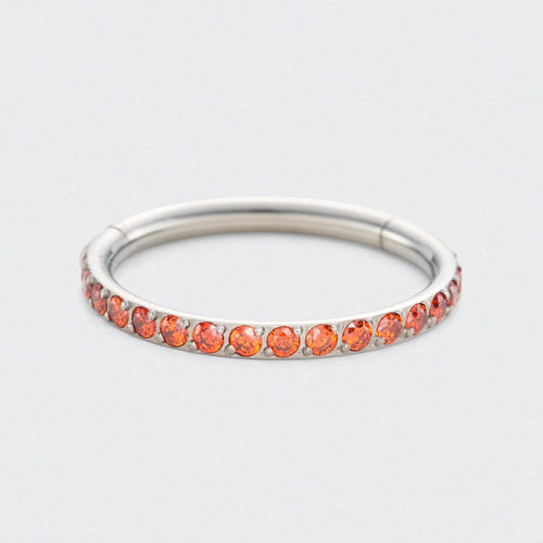 Red CZ Side Facing Paved Hinged Segment Hoop Ring in Silver - Titanium