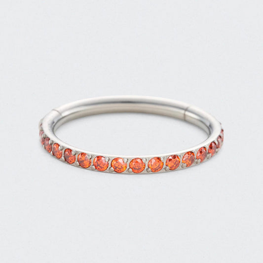 Red CZ Side Facing Paved Hinged Segment Hoop Ring in Silver - Titanium