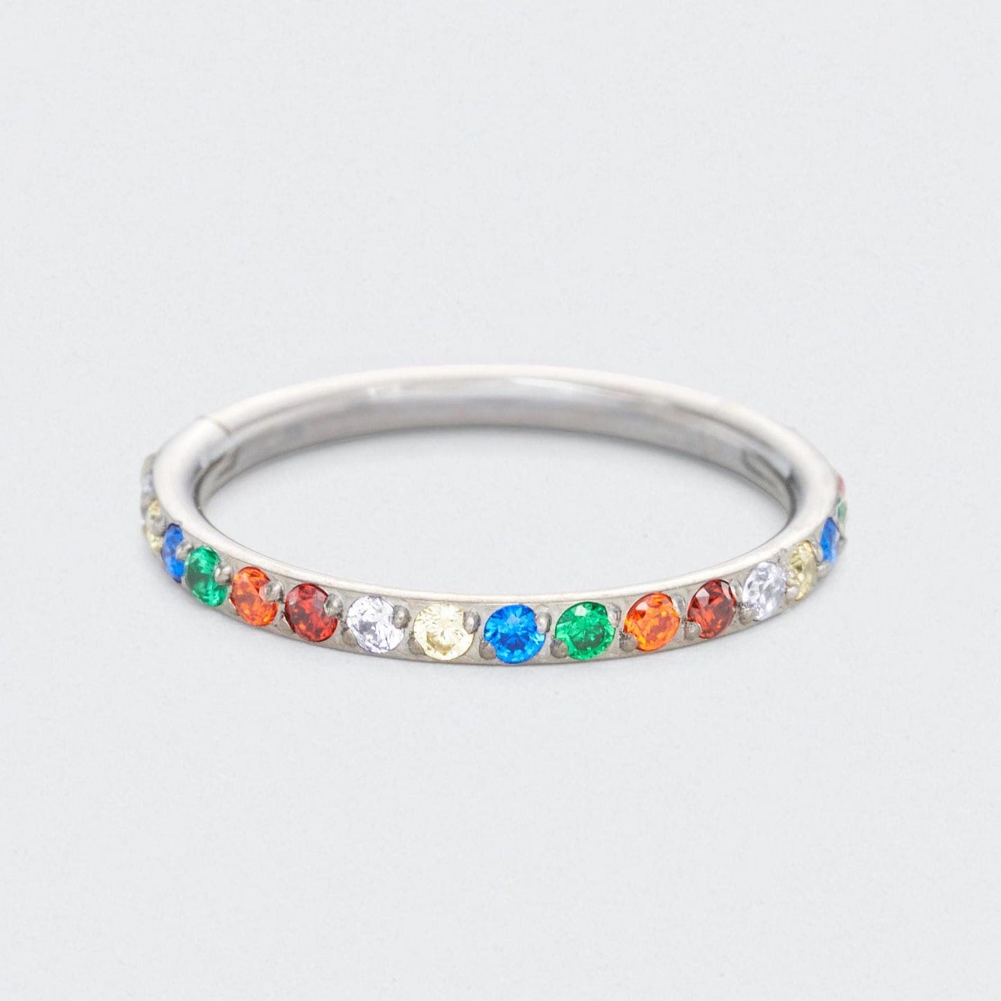 Rainbow CZ Side Facing Paved Hinged Segment Hoop Ring in Silver - Titanium