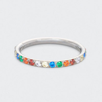 Rainbow CZ Side Facing Paved Hinged Segment Hoop Ring in Silver - Titanium