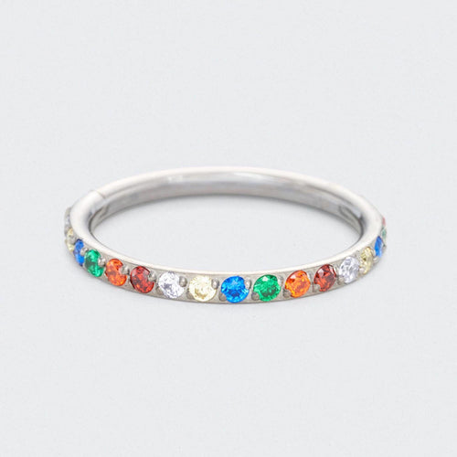 Rainbow CZ Side Facing Paved Hinged Segment Hoop Ring in Silver - Titanium