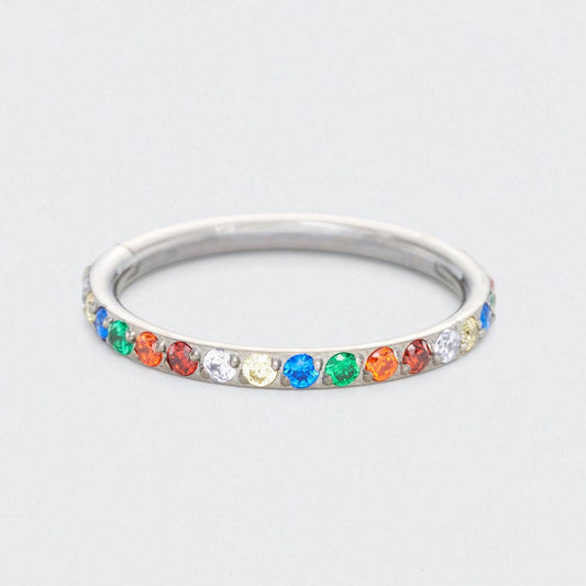 Rainbow CZ Side Facing Paved Hinged Segment Hoop Ring in Silver - Titanium